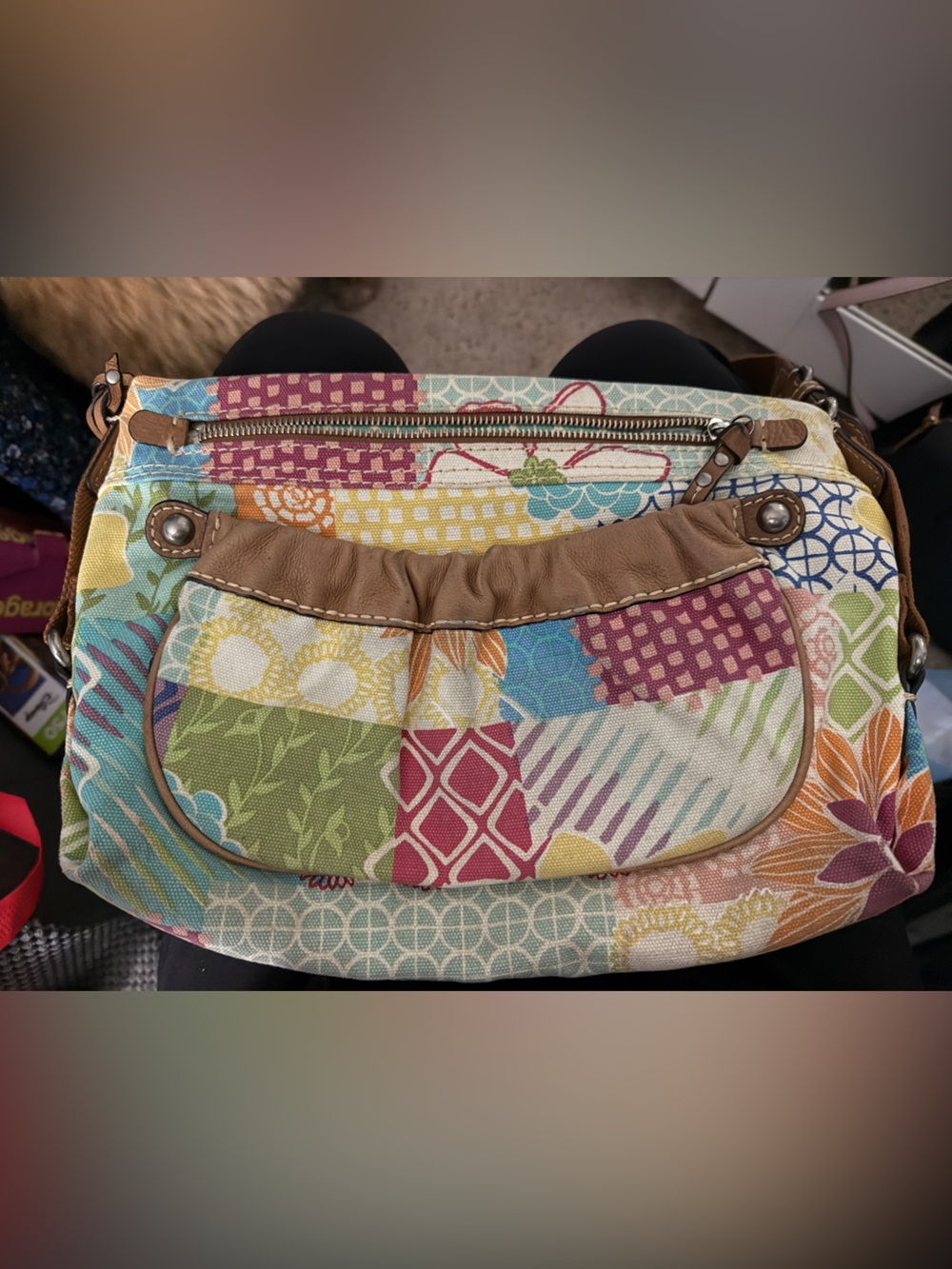 Vintage Fossill Multi-Color Patchwork Shoulder Bag with Brown Trim.